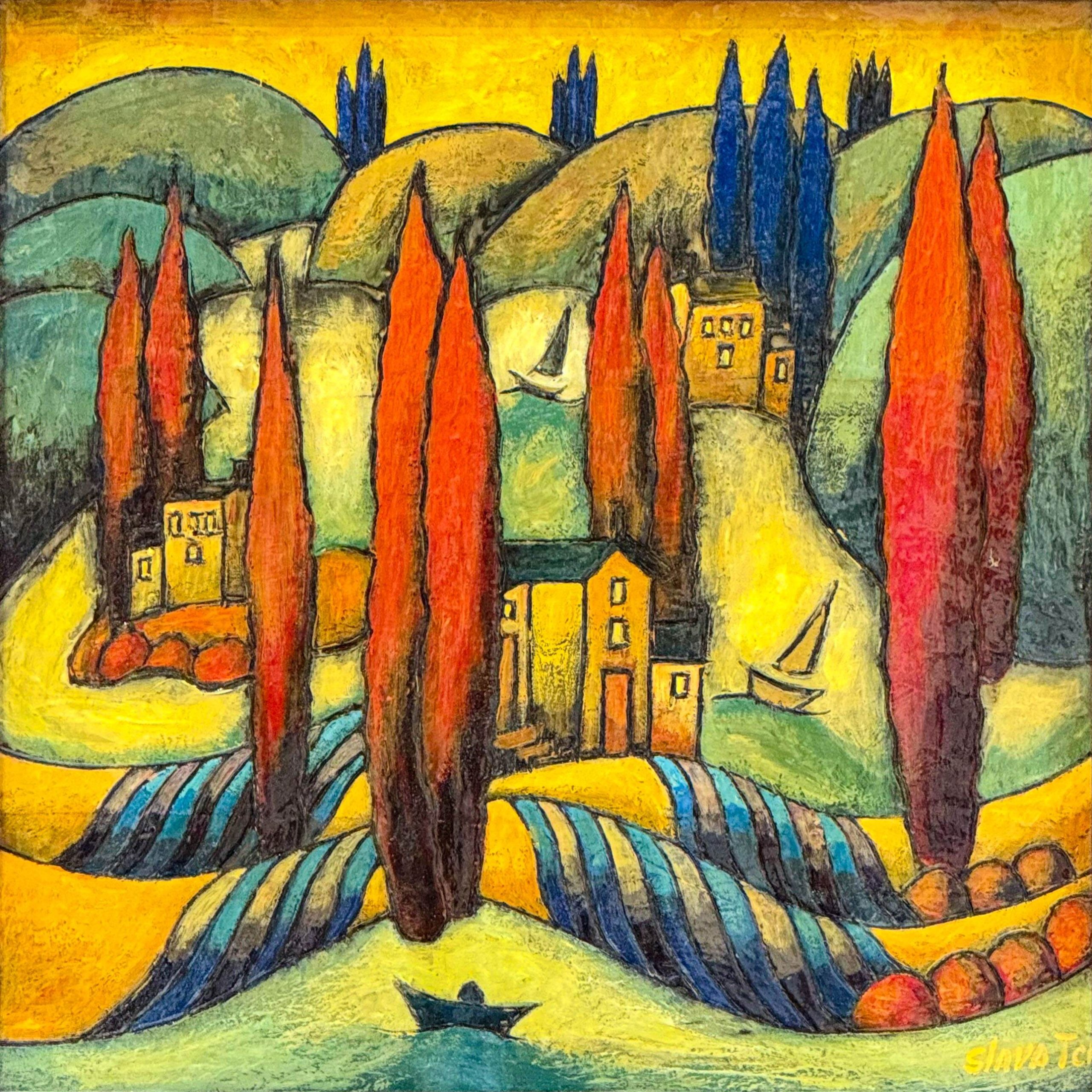 Slava TCH, Late Summer, colourful encaustic landscape with cypress trees and rolling hills.