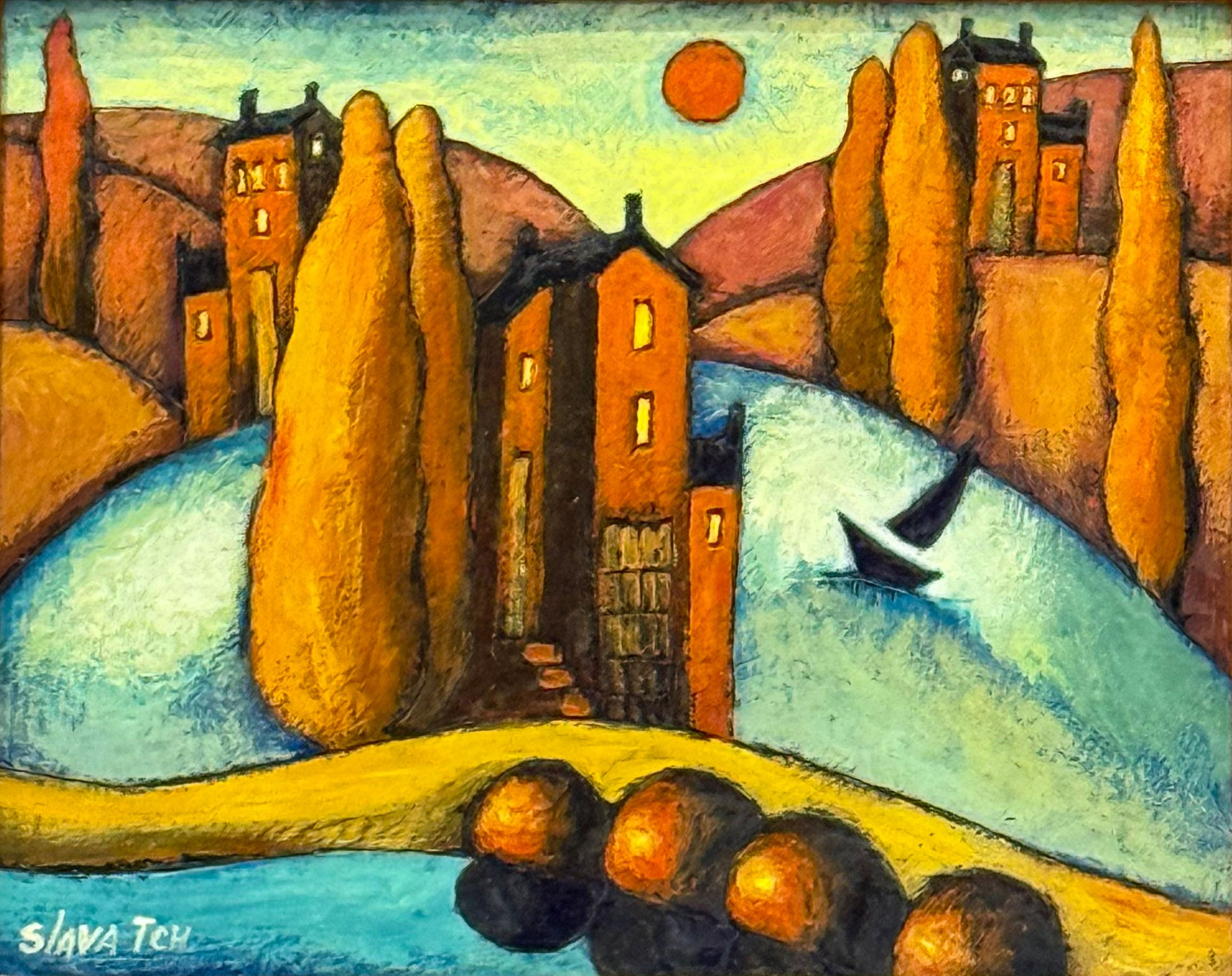 Slava TCH, Of Parting Day, encaustic landscape with cypress trees, houses and a boat.