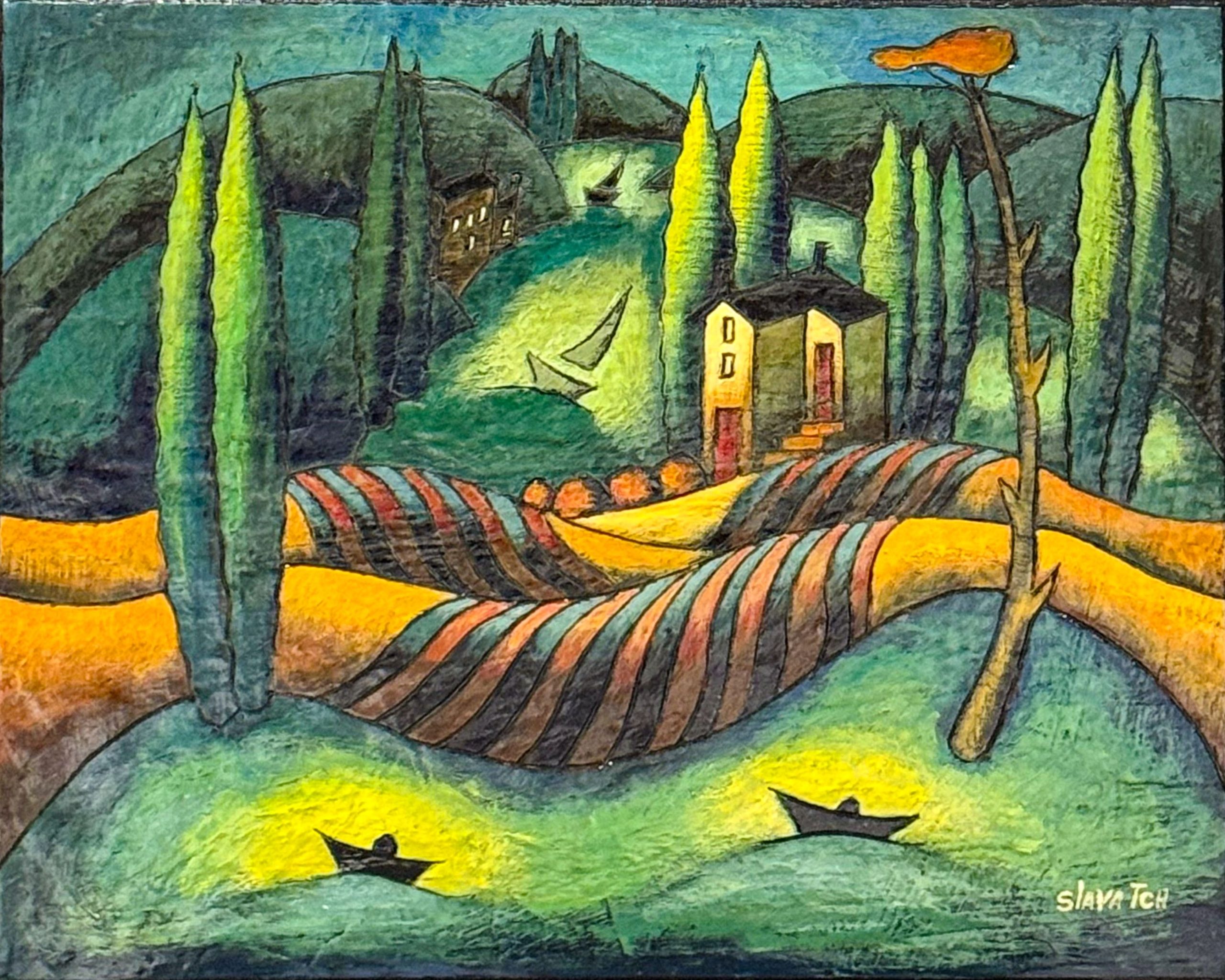 Slava TCH, Springtime Fresh and Green, encaustic landscape with green hills and cypress trees.