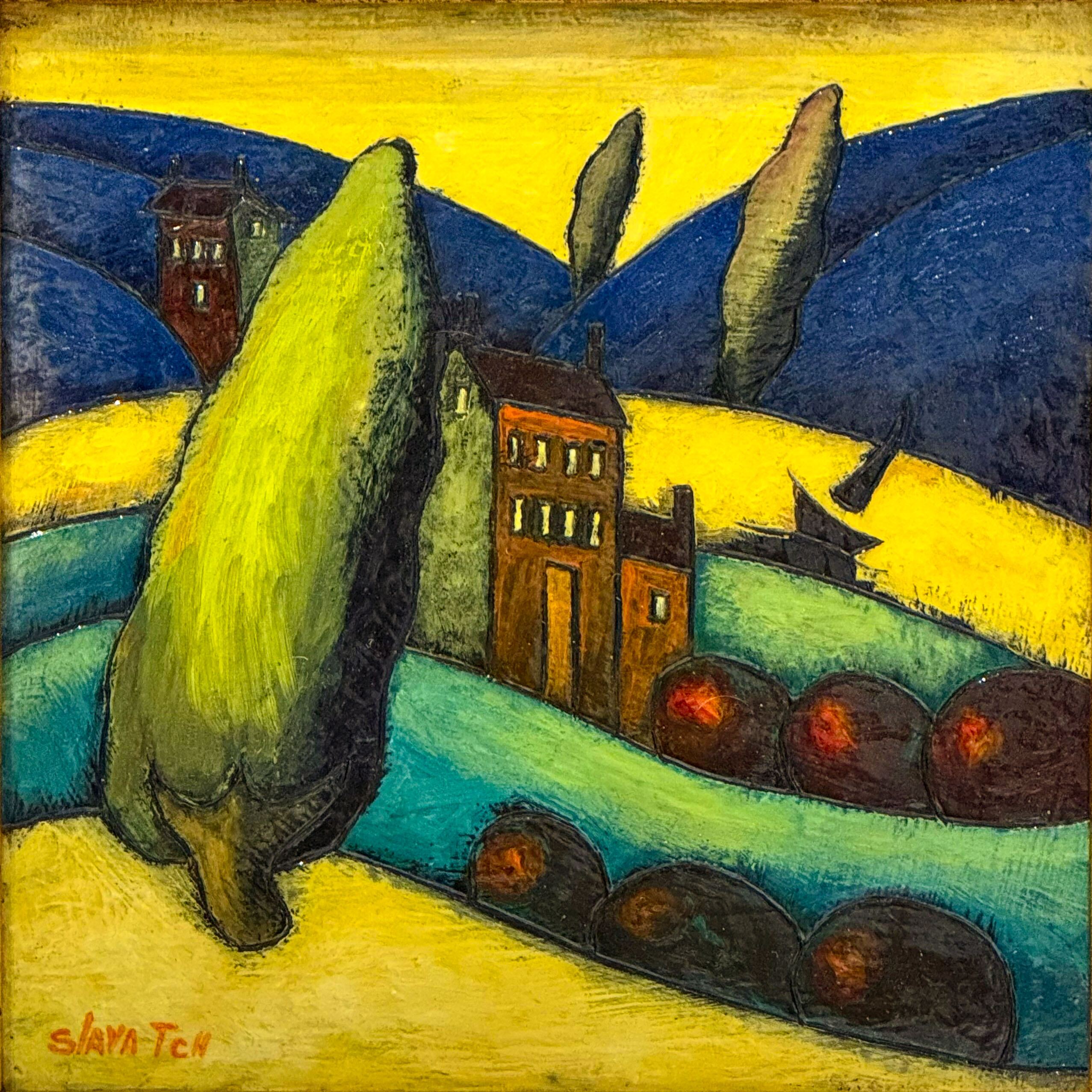 Slava TCH, The Wind Was Still, encaustic landscape with cypress trees and rolling hills